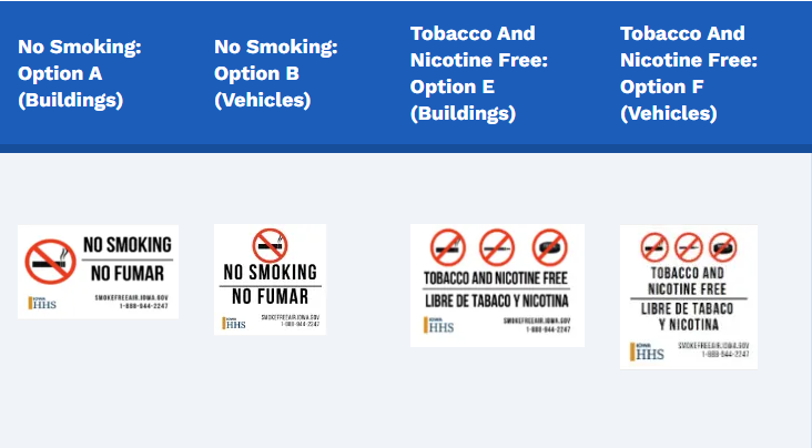 No Smoking Signs of various sizes. Option A is a no smoking sign for buildings. Option B is a no smoking sign for vehicles. Option E is a Tobacco and Nicotine Free sign for buildings and Option F is a tobacco and nicotine free sign for vehicles