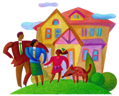 Male, female, child, dog standing on yard in front of a house