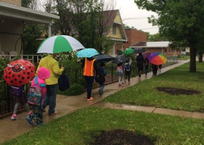 Walking to school in the rain with umbrellas